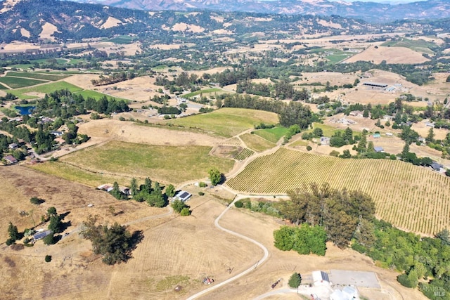 birds eye view of property featuring a mountain view and a rural view