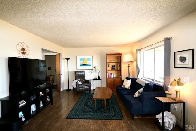 living area featuring a textured ceiling and wood finished floors