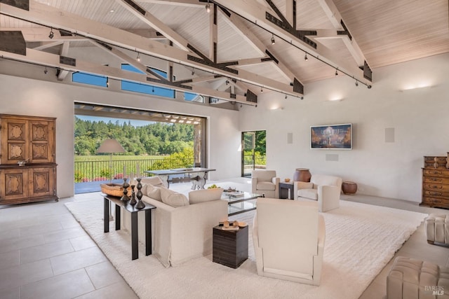 11080 Franz Valley Rd, Calistoga, CA 94515 - living room with wood ceiling, beam ceiling, track lighting, tile patterned floors, and high vaulted ceiling