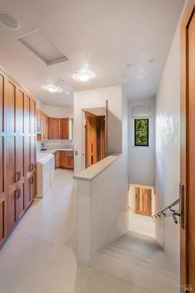 11080 Franz Valley Rd, Calistoga, CA 94515 - interior space featuring brown cabinetry, a peninsula, recessed lighting, light countertops, and light tile patterned floors