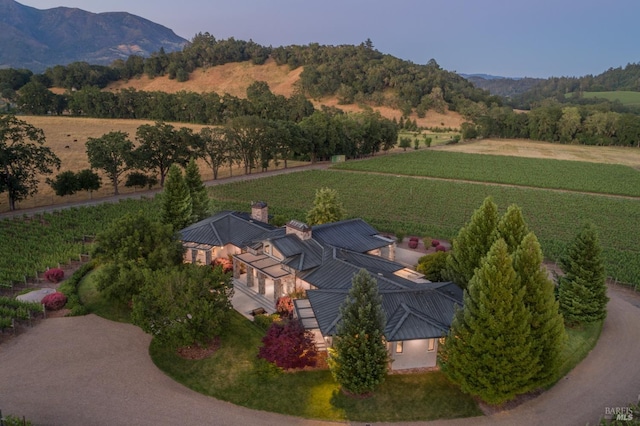 bird's eye view featuring a mountain view and a rural view