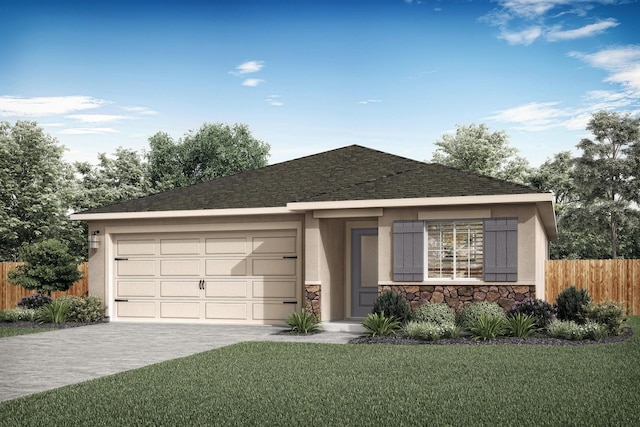 ranch-style home featuring a garage and a front lawn