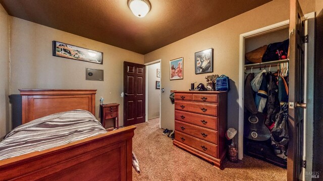 bedroom featuring light carpet and a closet