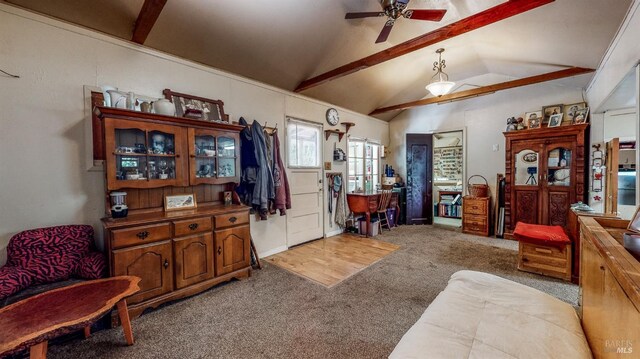 carpeted living room with ceiling fan and lofted ceiling with beams