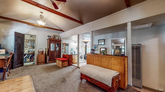 interior space featuring beamed ceiling, high vaulted ceiling, and carpet floors