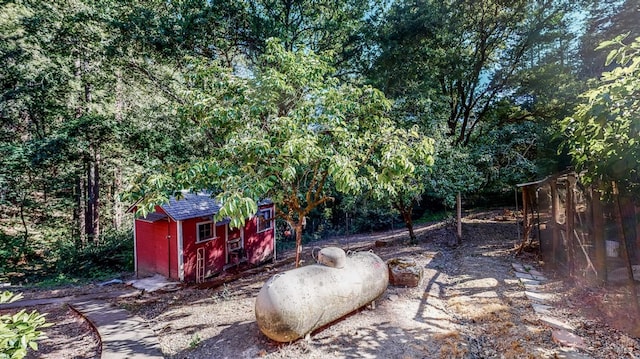 view of yard featuring a storage shed