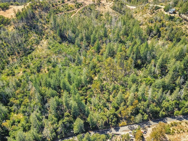 drone / aerial view with a wooded view
