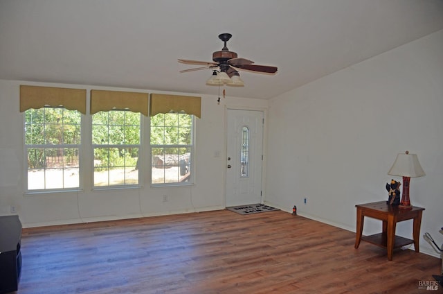 interior space with ceiling fan, hardwood / wood-style flooring, and a healthy amount of sunlight