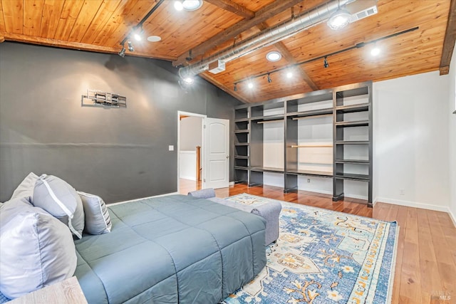 bedroom featuring vaulted ceiling with beams, light hardwood / wood-style floors, and wooden ceiling