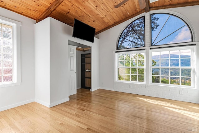 unfurnished living room with wood ceiling, light wood-type flooring, and lofted ceiling with beams