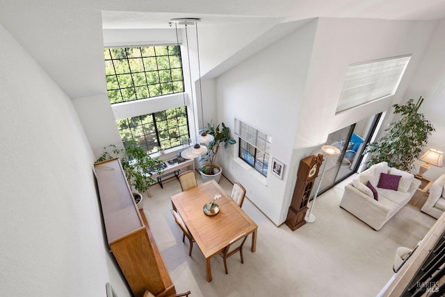 living room with a towering ceiling and carpet floors
