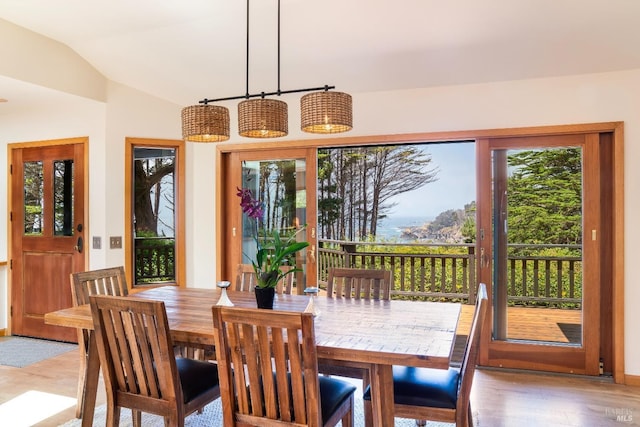 dining area featuring hardwood / wood-style flooring and lofted ceiling