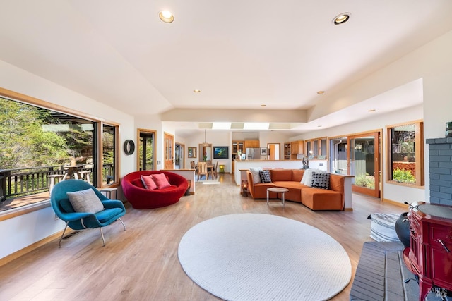 living room with vaulted ceiling and light hardwood / wood-style floors