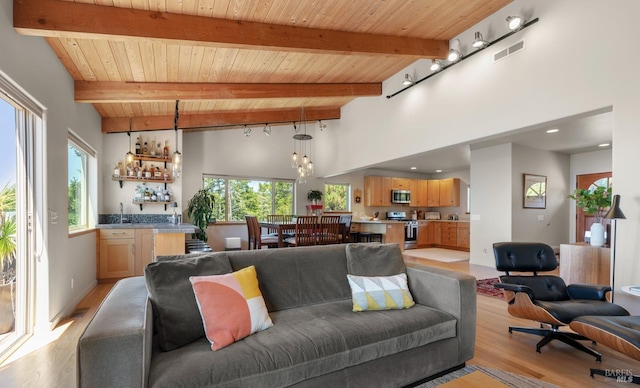 living area featuring visible vents, light wood-type flooring, wood ceiling, beamed ceiling, and a towering ceiling