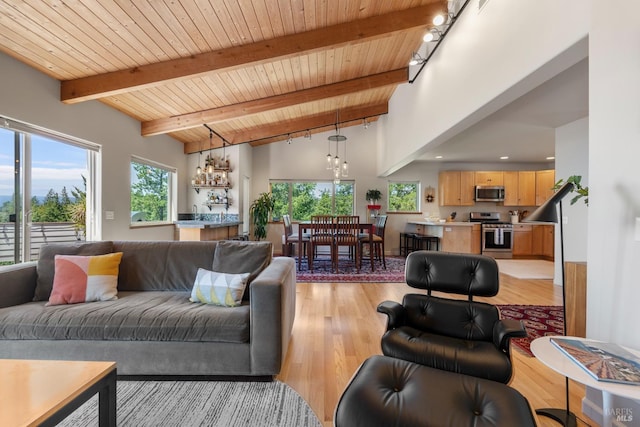 living room featuring track lighting, wooden ceiling, vaulted ceiling with beams, and light hardwood / wood-style floors