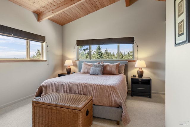 bedroom featuring wooden ceiling, vaulted ceiling with beams, and light colored carpet