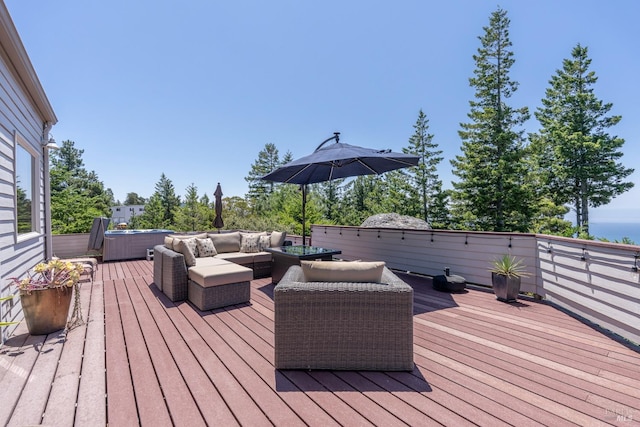 wooden terrace featuring an outdoor living space