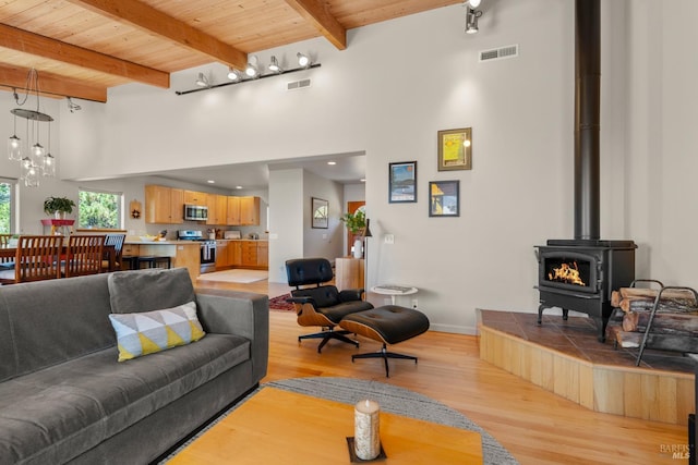 living room with wooden ceiling, a wood stove, light hardwood / wood-style flooring, and beam ceiling