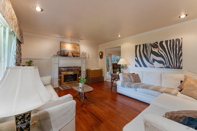 living room with crown molding, a fireplace, track lighting, and hardwood / wood-style flooring