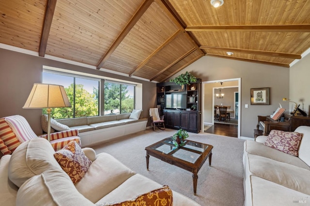 living room with hardwood / wood-style floors, lofted ceiling with beams, and wooden ceiling