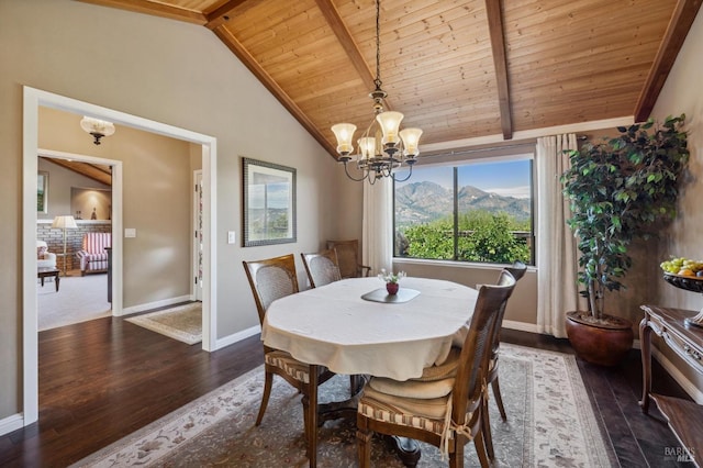 dining area with an inviting chandelier, wooden ceiling, a mountain view, dark hardwood / wood-style flooring, and vaulted ceiling with beams