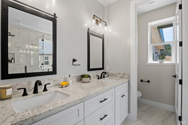 bathroom with vanity, toilet, and a shower with shower door