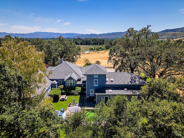 drone / aerial view featuring a mountain view