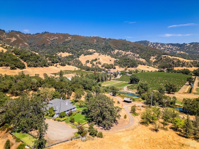 drone / aerial view featuring a mountain view