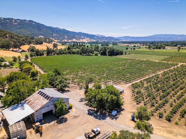 drone / aerial view featuring a mountain view and a rural view