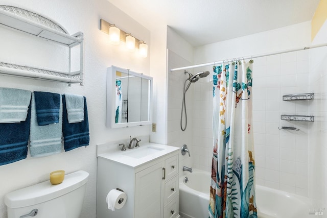 full bathroom with shower / bath combination with curtain, toilet, and vanity