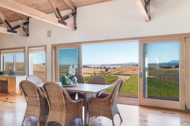 dining room with light hardwood / wood-style floors, high vaulted ceiling, and plenty of natural light