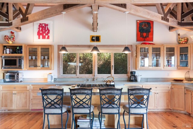 kitchen with light hardwood / wood-style floors, stainless steel microwave, and hanging light fixtures