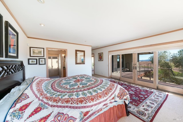 bedroom featuring carpet, ornamental molding, and access to outside