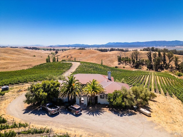 bird's eye view featuring a mountain view and a rural view