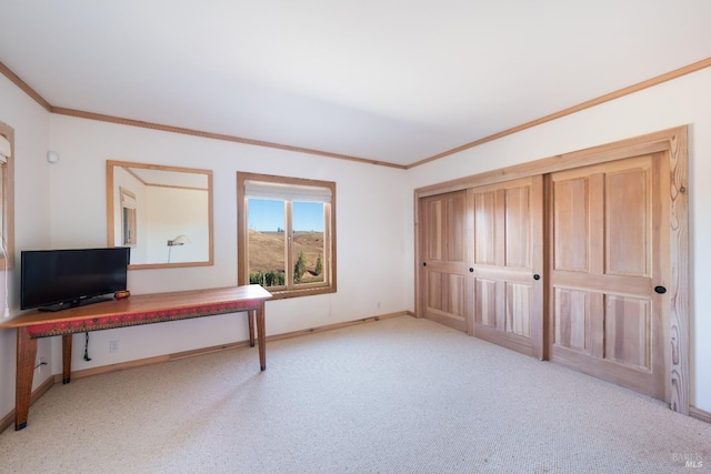 home office with light colored carpet and ornamental molding