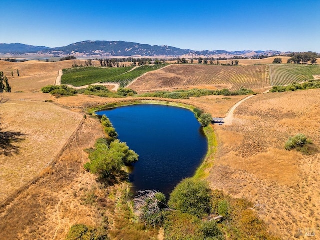 birds eye view of property featuring a rural view and a water and mountain view