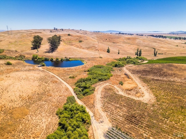 bird's eye view with a water view and a rural view