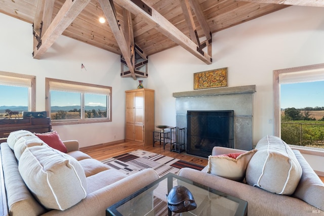 living room with beamed ceiling, hardwood / wood-style flooring, high vaulted ceiling, and wood ceiling