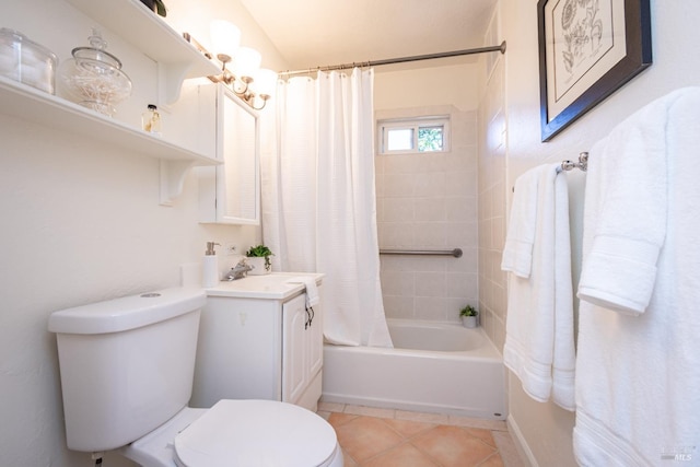 full bathroom featuring shower / tub combo, vanity, toilet, and tile patterned floors