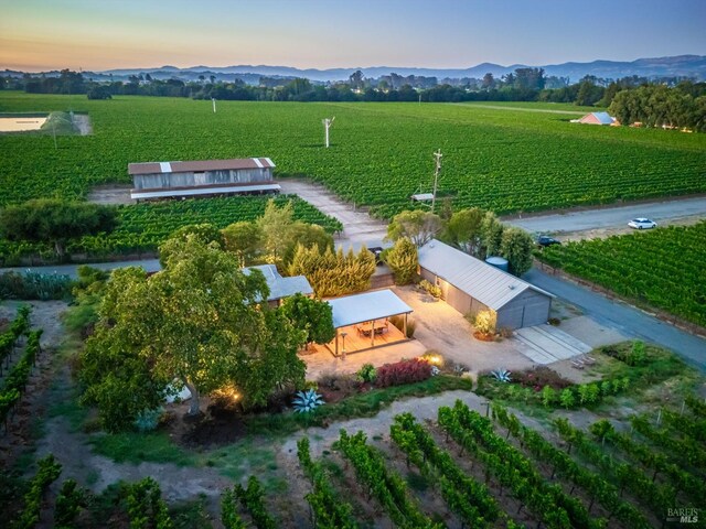 drone / aerial view featuring a mountain view and a rural view