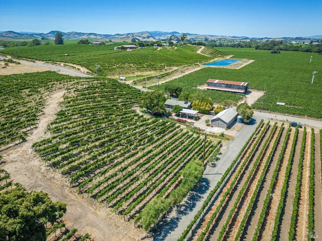 drone / aerial view featuring a mountain view and a rural view