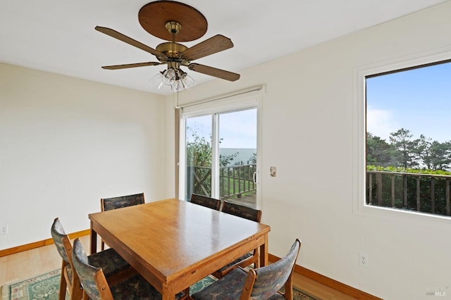 dining space featuring ceiling fan and hardwood / wood-style flooring