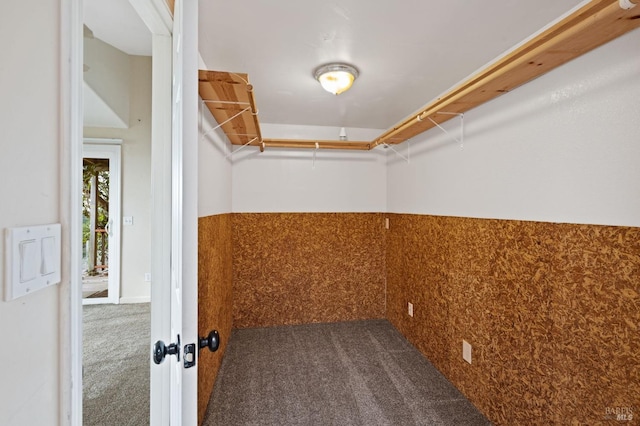 walk in closet with dark colored carpet