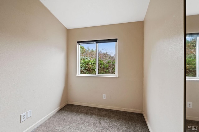 empty room featuring lofted ceiling, plenty of natural light, and carpet flooring