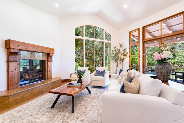 living room featuring a premium fireplace and vaulted ceiling