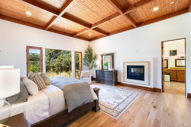 bedroom featuring coffered ceiling, wood ceiling, light hardwood / wood-style flooring, and beamed ceiling