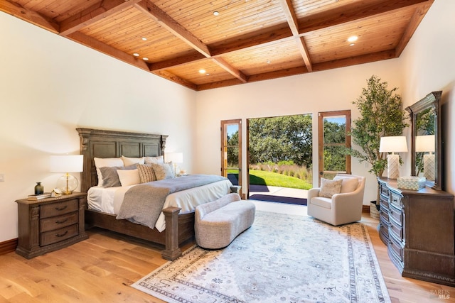 bedroom with wood ceiling, light hardwood / wood-style flooring, and beamed ceiling