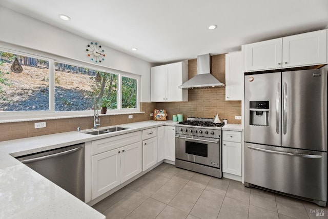 kitchen featuring white cabinets, sink, wall chimney range hood, and stainless steel appliances