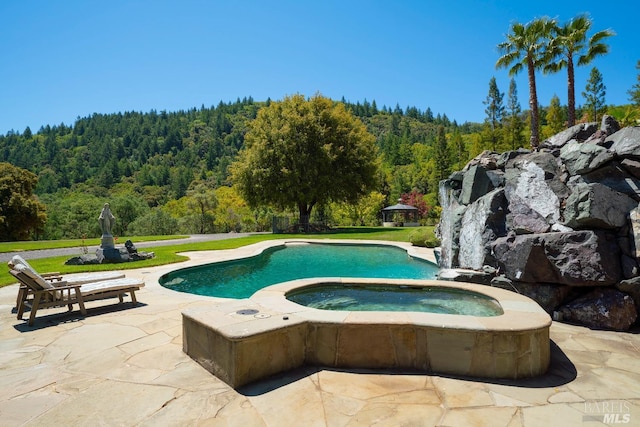 view of swimming pool featuring an in ground hot tub and a patio area