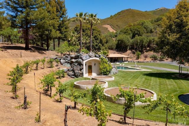 view of home's community featuring a mountain view and a lawn